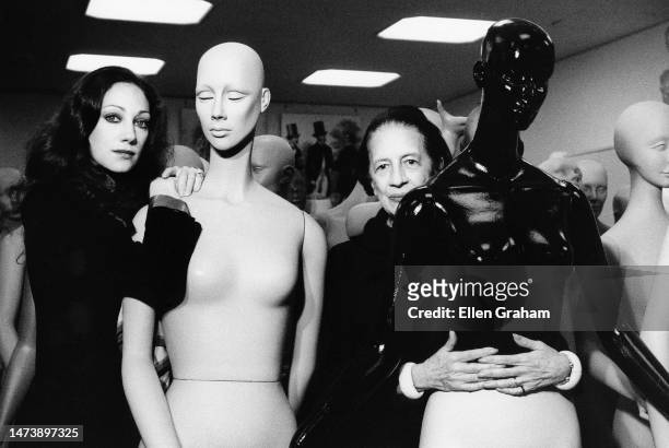 French-born American fashion journalist and editor Diana Vreeland and American model Marisa Berenson standing among mannequins at the Costume...