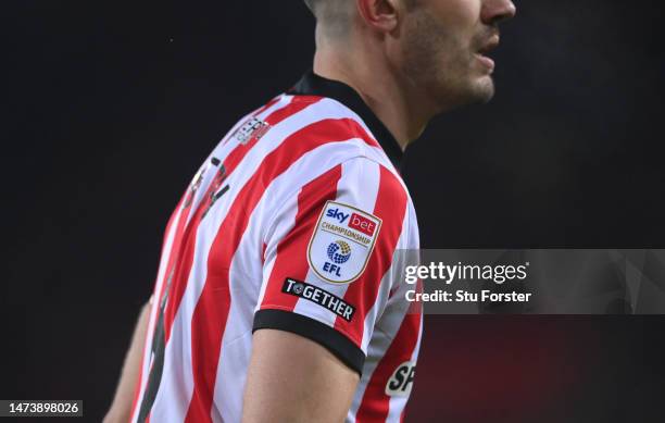 Detail of the EFL logo and Together logo on the sleeve of the shirt of Danny Batth of Sunderland during the Sky Bet Championship between Sunderland...