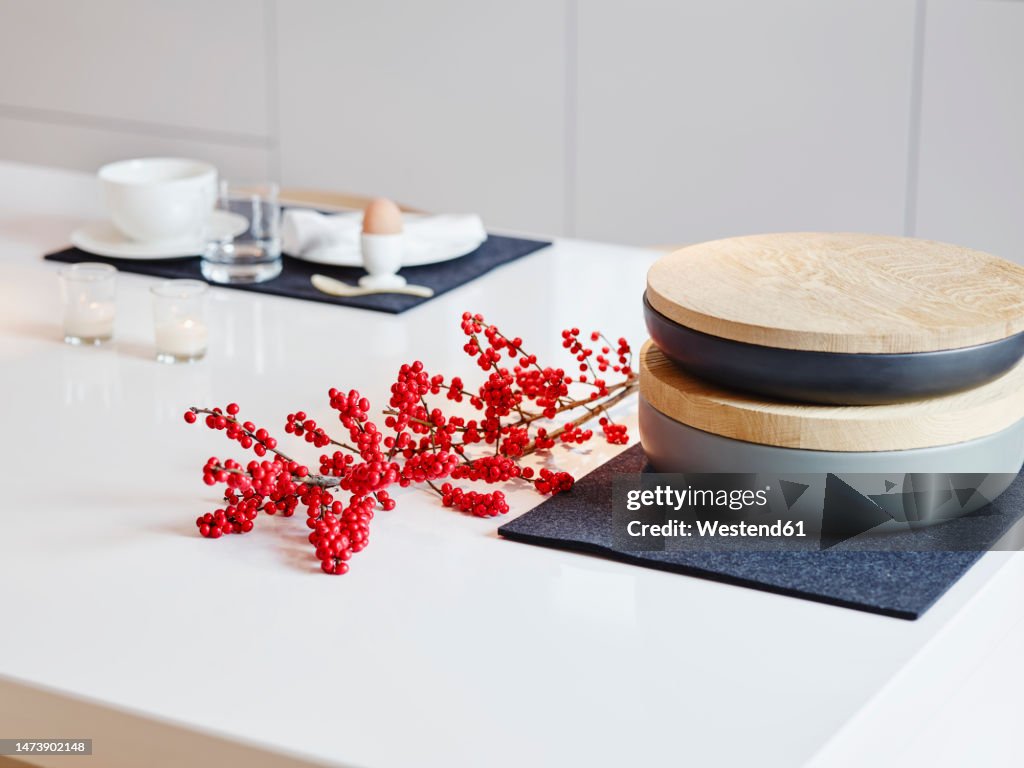 Pink peppercorns arranged on kitchen counter at home