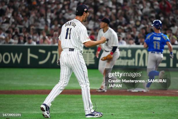 Yu Darvish of Japan reacts after the seventh inning during the World Baseball Classic quarterfinal between Italy and Japan at Tokyo Dome on March 16,...