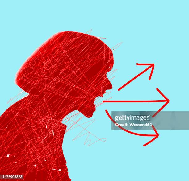 stockillustraties, clipart, cartoons en iconen met illustration of red arrows coming out of mouth of screaming woman - raid