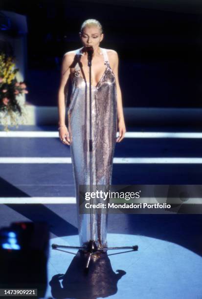 Italian singer Anna Oxa, during the third evening of the Italian Song Festival. Sanremo , February 25th, 1994