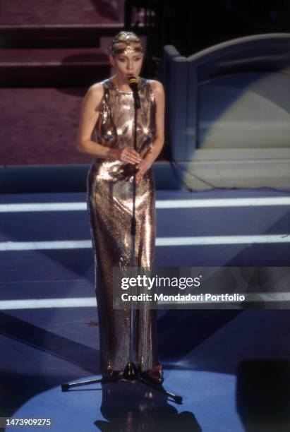 Italian singer Anna Oxa, during the first evening of the Italian Song Festival. Sanremo , February 23th, 1994.