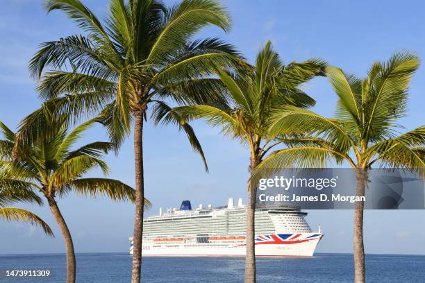 Cruises newest ship Arvia arrives close to Heywoods Beach on March 16, 2023 in Bridgetown, Barbados. Nicole Scherzinger will officially name P&O...
