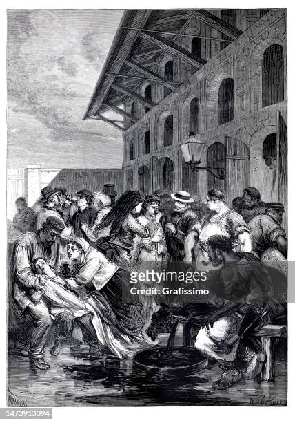 terrified people drinking blood at slaughterhouse villette paris to avoid tuberculosis 1874 - epidemic history stock illustrations
