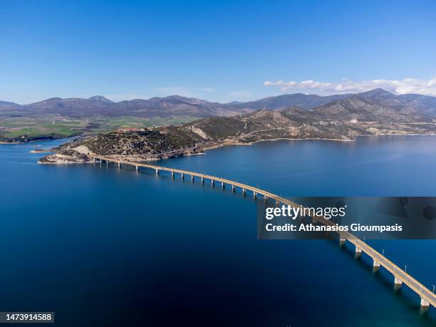 Aerial view of The Servia High Bridge on March 12, 2023 in Kozani, Greece.The Servia High Bridge is one of the longest bridges in Greece, 1372 meter...