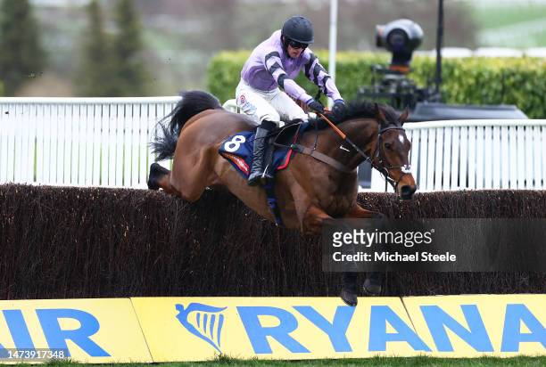Stage Star ridden by Harry Cobden jumps the last on their way to winning the Turners Novices Chase during day three of the Cheltenham Festival 2023...