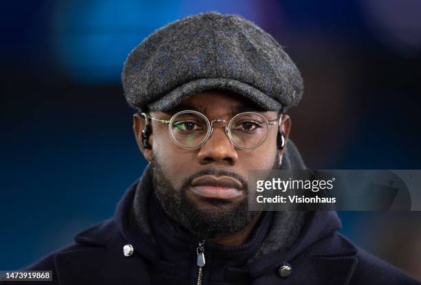 Football pundit and commentator Micah Richards presents on the Paramount TV channel before the UEFA Champions League round of 16 leg two match...