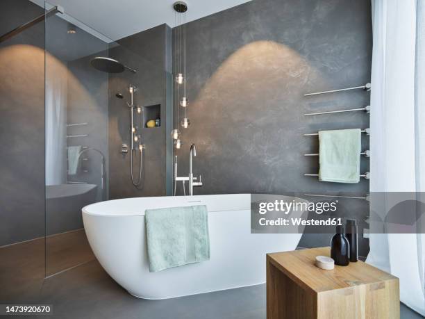 empty bath tub arranged in bathroom of modern apartment - household fixture stock pictures, royalty-free photos & images