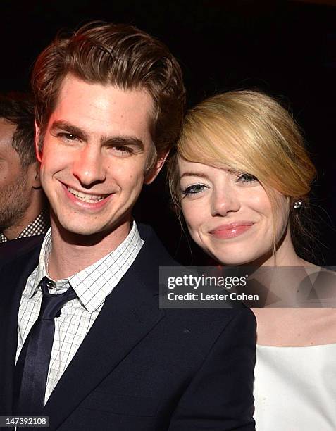 Actors Andrew Garfield and Emma Stone attend the after party for the Los Angeles premiere of "The Amazing Spiderman" at Regency Village Theatre on...