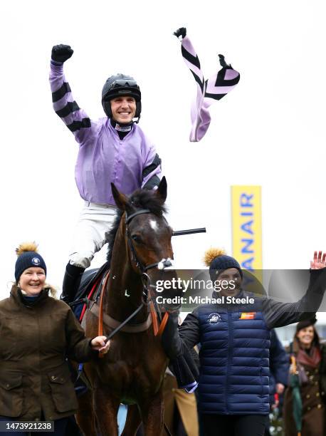 Harry Cobden celebrates on board Stage Star after winning the Turners Novices Chase during day three of the Cheltenham Festival 2023 at Cheltenham...