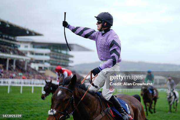 Harry Cobden riding Stage Star clear the last to win The Turners Novices' Chase during day three of the Cheltenham Festival 2023 at Cheltenham...