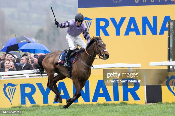 Jockey Harry Cobden on Stage Star competes in The Turners Novices Chase during day three of the Cheltenham Festival 2023 at Cheltenham Racecourse on...