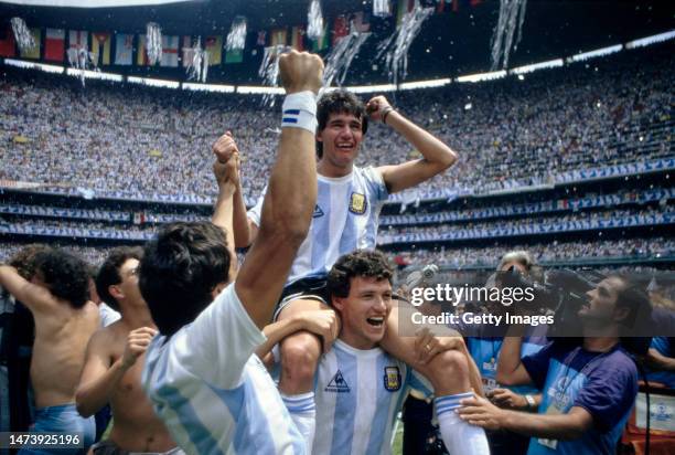 Two goal hero, Argentina player Jorge Burruchaga celebrates on the shoulders of team mates after the FIFA 1986 World Cup Final against West Germany...