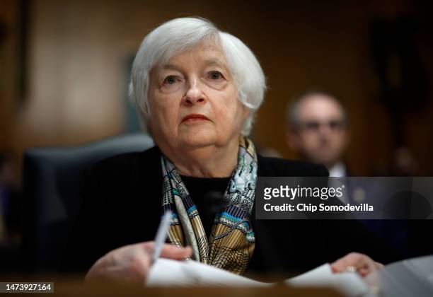 Treasury Secretary Janet Yellen testifies about the Biden Administration's FY2024 federal budget proposal before the Senate Finance Committee in the...