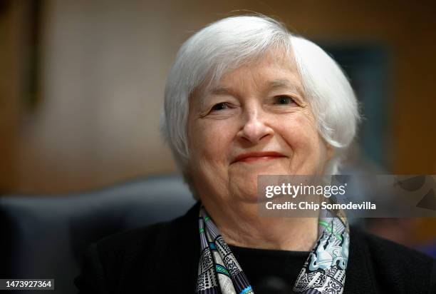 Treasury Secretary Janet Yellen testifies about the Biden Administration's FY2024 federal budget proposal before the Senate Finance Committee in the...