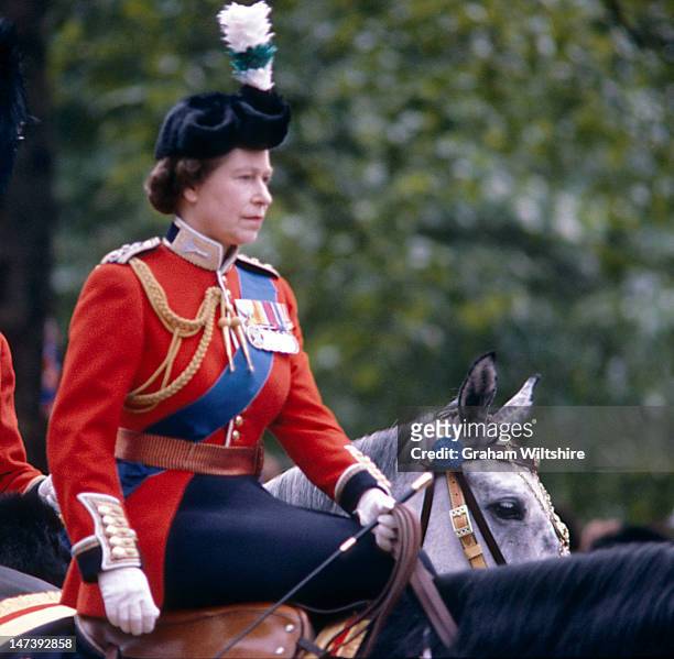 Queen Elizabeth II during the Trooping the Colour ceremony, circa 1981.