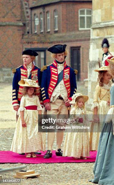 Julian Rhind Tutt as the Duke of York), Rupert Everett as the Prince of Wales) at Eton College location for filming of "The Madness of King George" -...