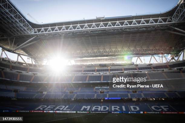 General view of the Estadio Santiago Bernabeu prior to the UEFA Champions League round of 16 leg two match between Real Madrid and Liverpool FC at...