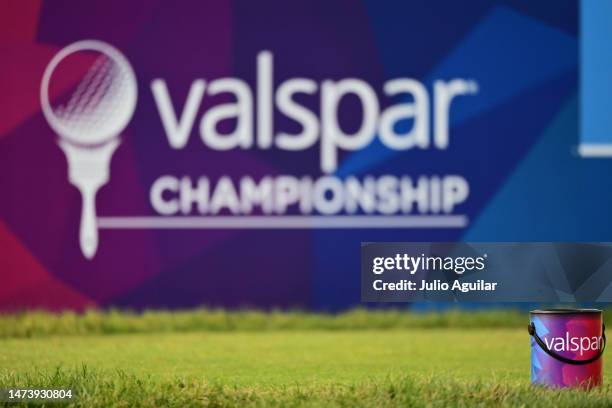 Valspar signage and a tee marker is seen during the first round of the Valspar Championship at Innisbrook Resort and Golf Club on March 16, 2023 in...