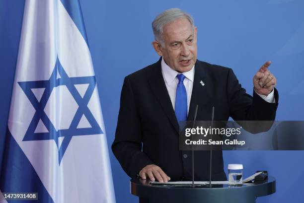 Israeli Prime Minister Benjamin Netanyahu and German Chancellor Olaf Scholz speak to the media following talks at the Chancellery on March 16, 2023...