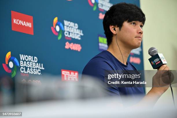 Shohei Ohtani of Japan speaks during a press conference during the World Baseball Classic quarterfinal between Italy and Japan at Tokyo Dome on March...