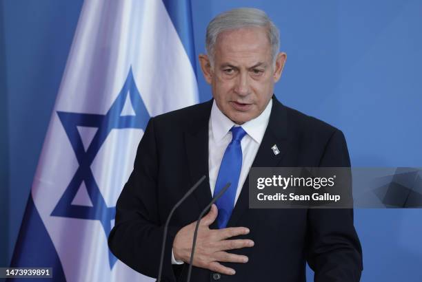 Israeli Prime Minister Benjamin Netanyahu and German Chancellor Olaf Scholz speak to the media following talks at the Chancellery on March 16, 2023...