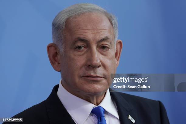 Israeli Prime Minister Benjamin Netanyahu and German Chancellor Olaf Scholz speak to the media following talks at the Chancellery on March 16, 2023...