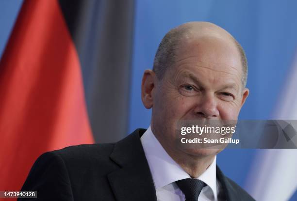 German Chancellor Olaf Scholz and Israeli Prime Minister Benjamin Netanyahu speak to the media following talks at the Chancellery on March 16, 2023...