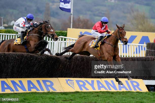 Rachael Blackmore riding Envoi Allen clear the last to win The Ryanair Chase during day three of the Cheltenham Festival 2023 at Cheltenham...