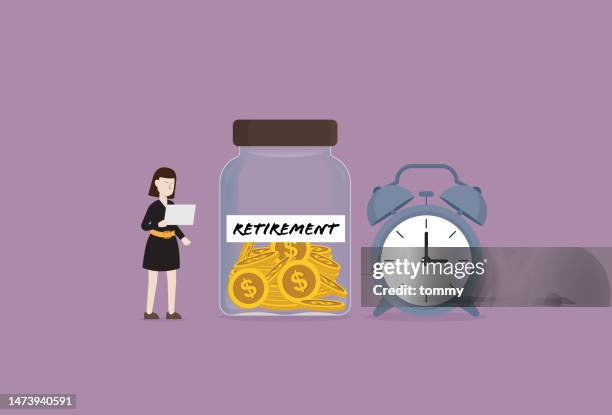 mitarbeiter sparen geld für den ruhestand - save time stock-grafiken, -clipart, -cartoons und -symbole