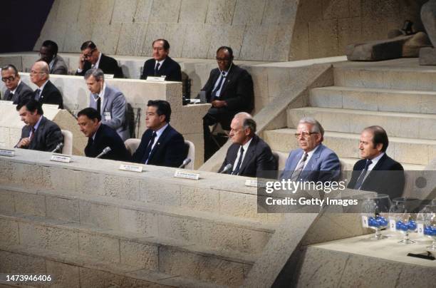 Dignitaries including President Joao Havelange FIFA Vice-President Hermann Neuberger and Joseph Blatter pictured at the FIFA 1986 World Cup draw on...