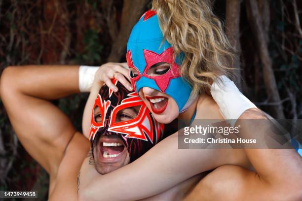 Wrestlers Dama Fina and Magno "The Man Mountain" Rudo of Lucha VaVoom are photographed for Los Angeles Times on February 6, 2023 in Los Angeles,...