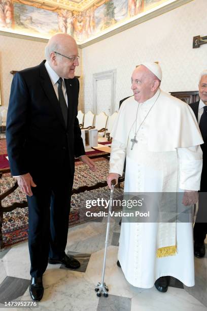 Pope Francis meets Prime Minister of Lebanon Najib Azmi Mikati at his private library of the Apostolic Palace on March 16, 2023 in Vatican City,...