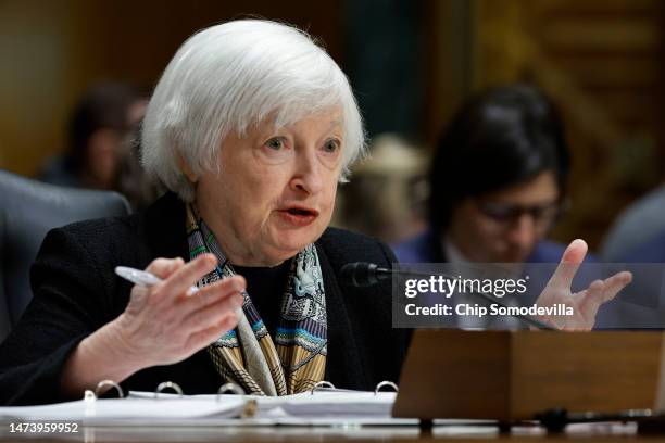 Treasury Secretary Janet Yellen testifies about the Biden Administration's FY2024 federal budget proposal before the Senate Finance Committee in the...