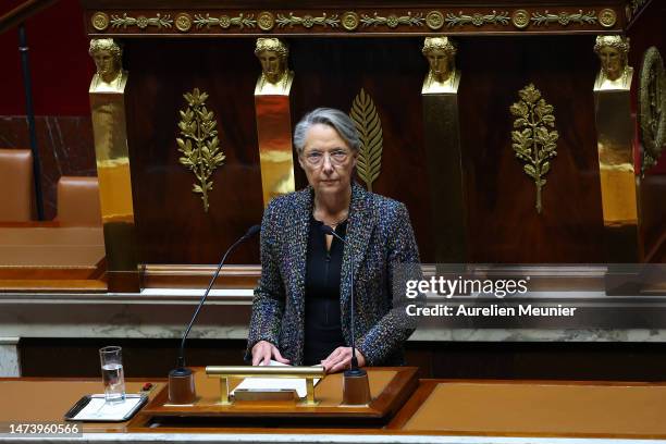 French Prime Minister Elisabeth Borne addresses deputies to confirm the force through of the pension law without a parliament vote during a session...