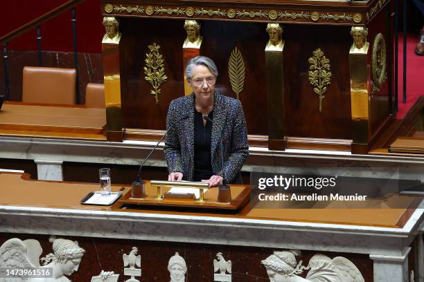 French Prime Minister Elisabeth Borne addresses deputies to confirm the force through of the pension law without a parliament vote during a session...