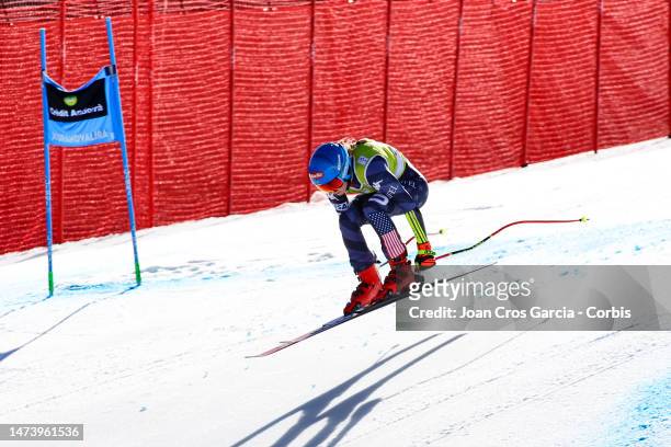 Mikaela Shiffrin of United States in action during the Audi FIS Alpine Ski World Cup Finals - Women's Super-G on March 16, 2023 in Soldeu near...