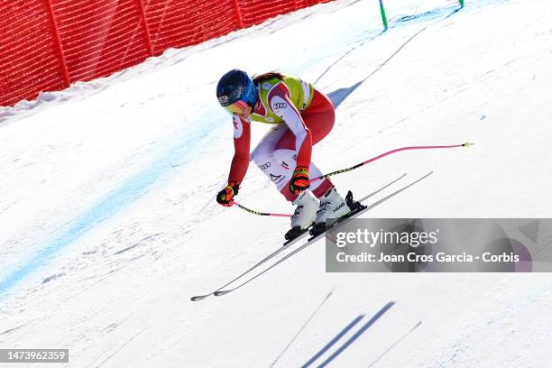 Stephanie Venier of Austria in action during the Audi FIS Alpine Ski World Cup Finals - Women's Super-G on March 16, 2023 in Soldeu near Andorra la...