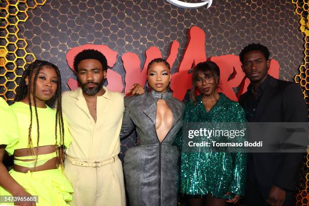 Dominique Fishback, Donald Glover, Chloe Bailey, Janine Nabers, and Damson Idris attend the "Swarm" Red Carpet Premiere and Screening in Los Angeles...