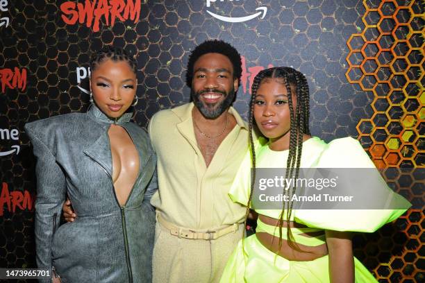 Chloe Bailey, Donald Glover and Dominique Fishback attend the "Swarm" Red Carpet Premiere and Screening in Los Angeles at Lighthouse Artspace LA on...