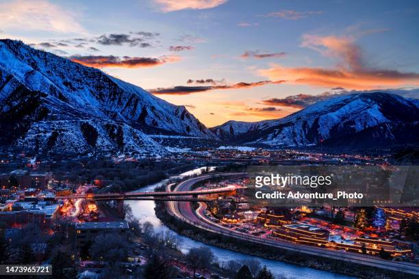 glenwood springs at dusk with colorado river view - colorado stock pictures, royalty-free photos & images