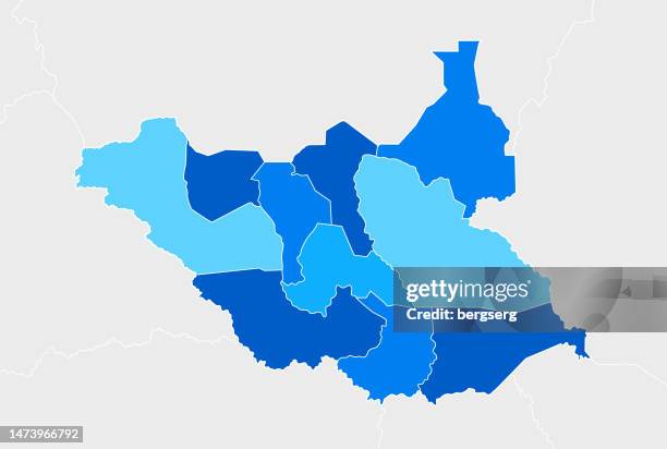 high detailed south sudan blue map with regions and national borders - south sudan stock illustrations