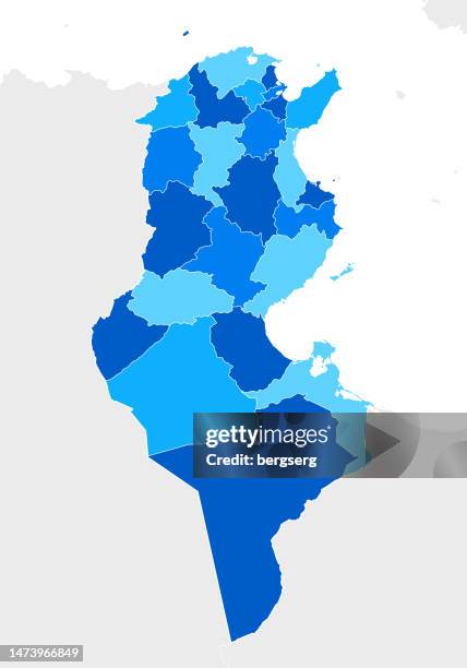 stockillustraties, clipart, cartoons en iconen met high detailed tunisia blue map with regions and national borders - tunesië