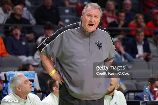 Head coach Bob Huggins of the West Virginia Mountaineers reacts during the first half against the Maryland Terrapins in the first round of the NCAA...