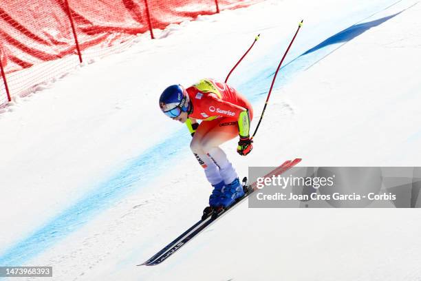 Marco Odermatt of Switzerland in action during the Audi FIS Alpine Ski World Cup Finals - Men's Super-G on March 16, 2023 in Soldeu near Andorra la...