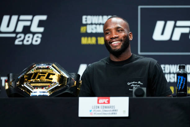Leon Edwards of Jamaica is seen on stage during the UFC 286 press conference at Magazine London on March 16, 2023 in London, England.