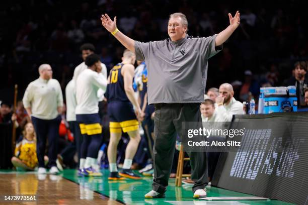 Head coach Bob Huggins of the West Virginia Mountaineers reacts during the second half against the Maryland Terrapins in the first round of the NCAA...