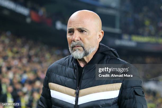 Jorge Sampaoli, Manager of Sevilla FC, looks on prior to the UEFA Europa League round of 16 leg two match between Fenerbahce and Sevilla FC at Ulker...