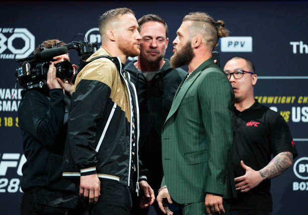 Opponents Justin Gaethje and Rafael Fiziev of Kazakstan face off during the UFC 286 press conference at Magazine London on March 16, 2023 in London,...